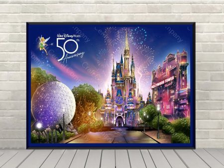 Disney 50th Anniversary Poster Four Parks Disney Attraction Poster Enchantment Fireworks Magic Kingdom, Epcot, Hollywood Studios, Animal Kingdom For Discount